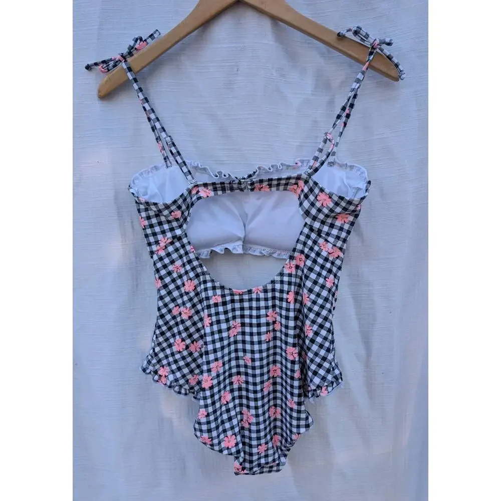 Decree Women's Plaid Check One Piece Swimsuit Sz L Floral Smocked Cut Out Ruffle